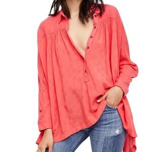Free People Lovely Day Coral Long Sleeve Tunic Top Size Small Oversized Popover